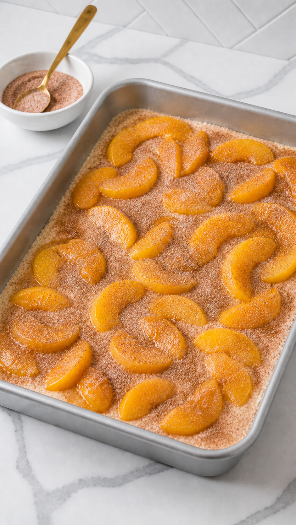 Cinnamon sugar sprinkled over peaches and Bisquick cobbler batter before baking.