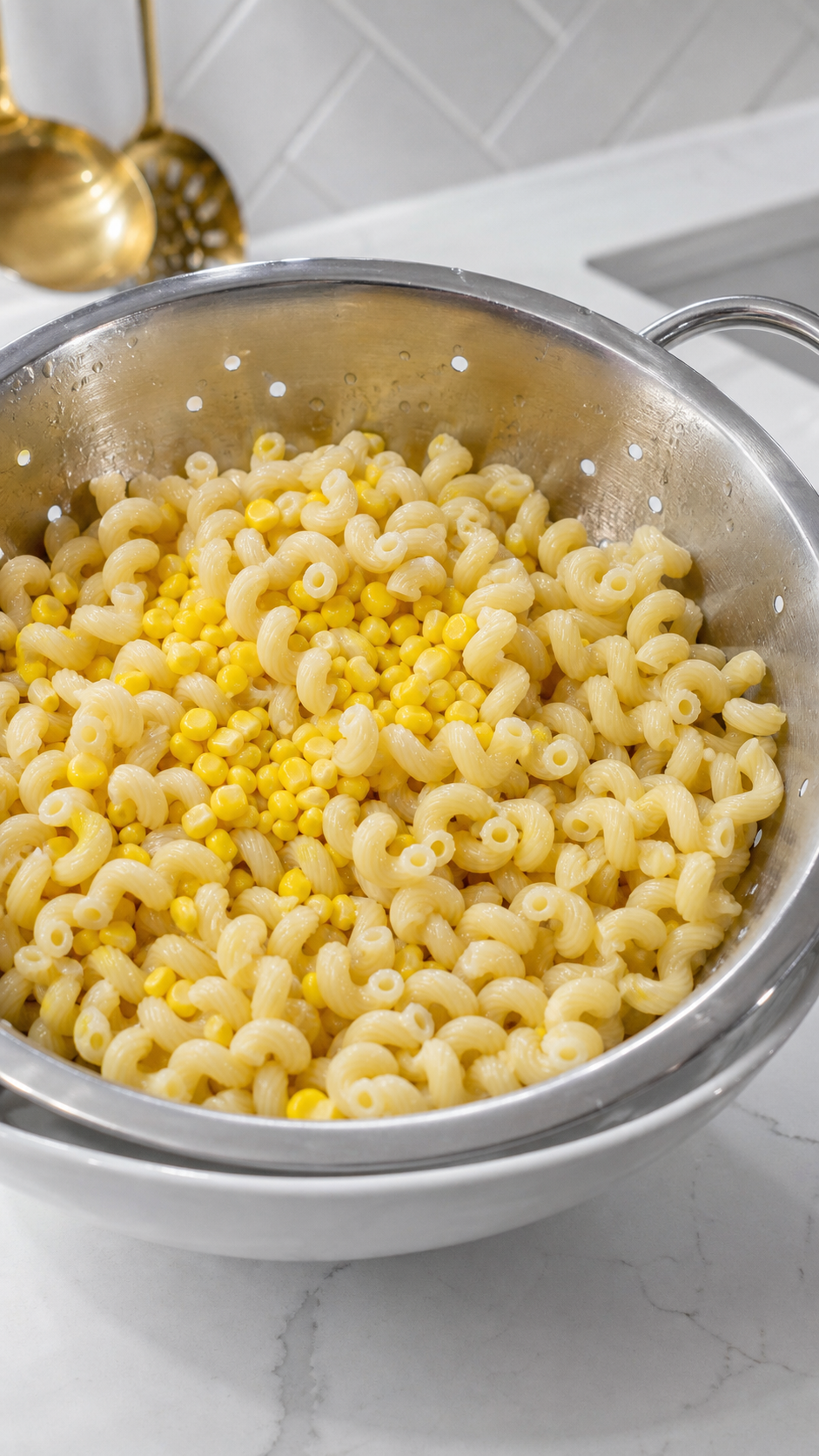 Cooked cavatappi pasta and corn draining in a colander after rinsing for pasta salad.