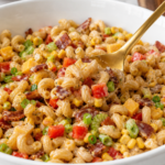 BBQ bacon pasta salad being folded together with cavatappi, bacon, Cheddar, corn, vegetables, and creamy dressing.