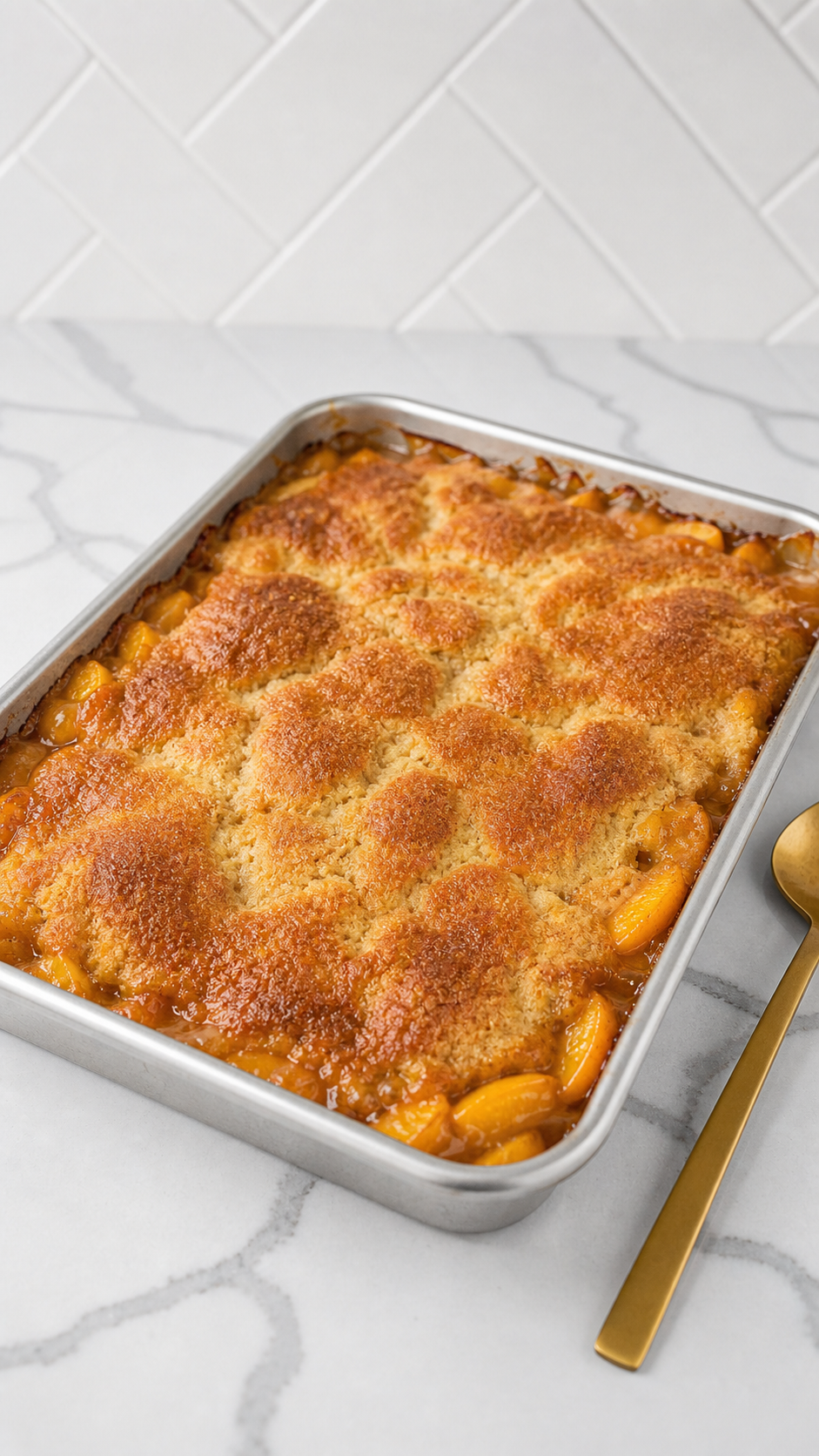 Baked Bisquick peach cobbler with golden topping and bubbling peach filling.
