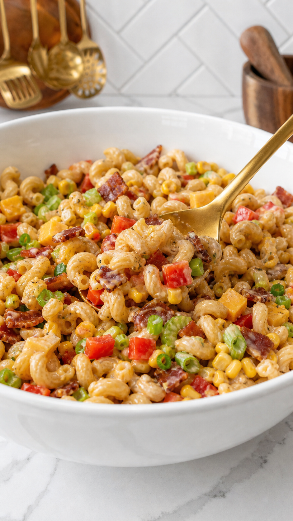 BBQ bacon pasta salad being folded together with cavatappi, bacon, Cheddar, corn, vegetables, and creamy dressing.