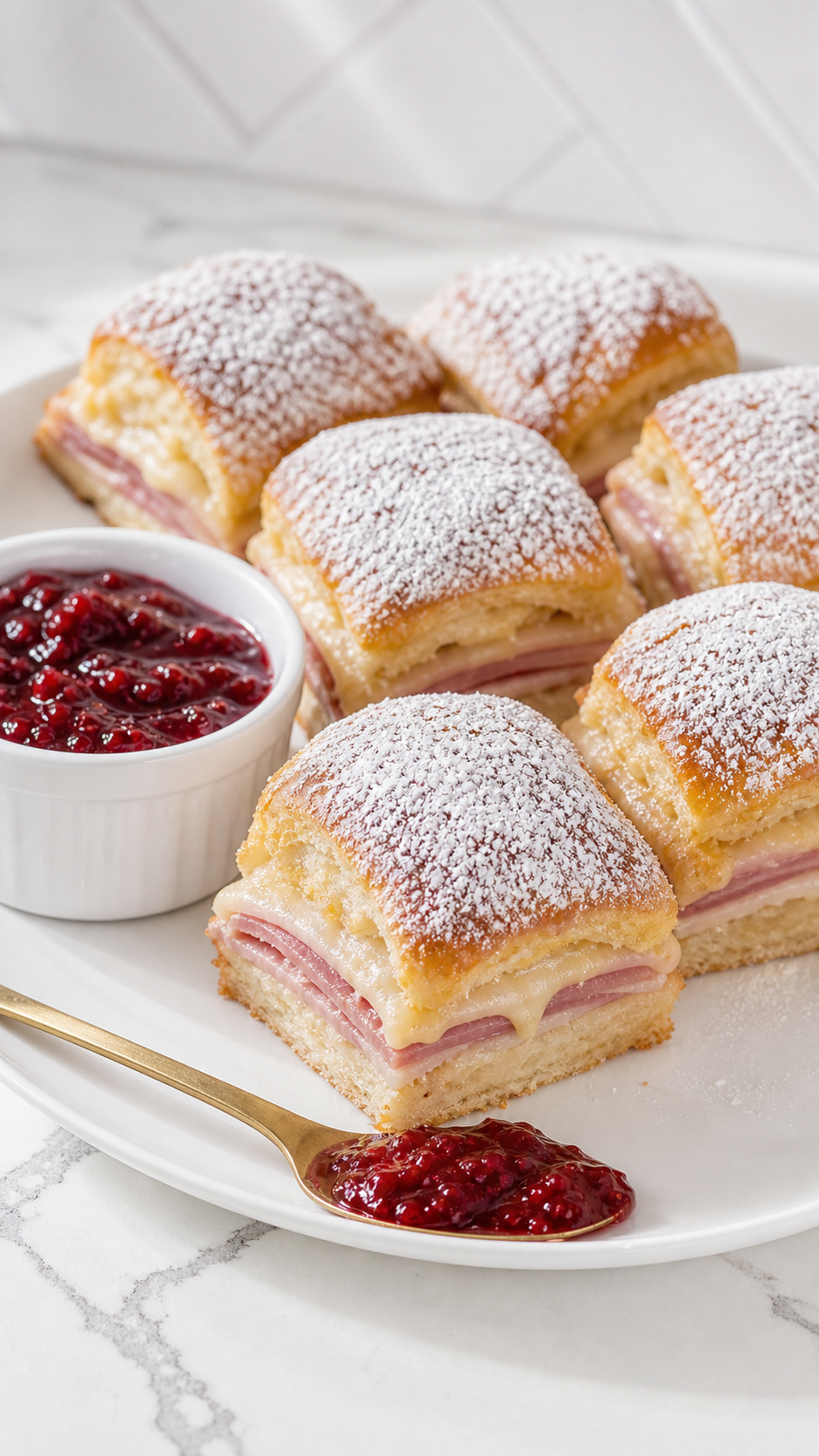 Finished Monte Cristo sliders with powdered sugar and raspberry preserves.