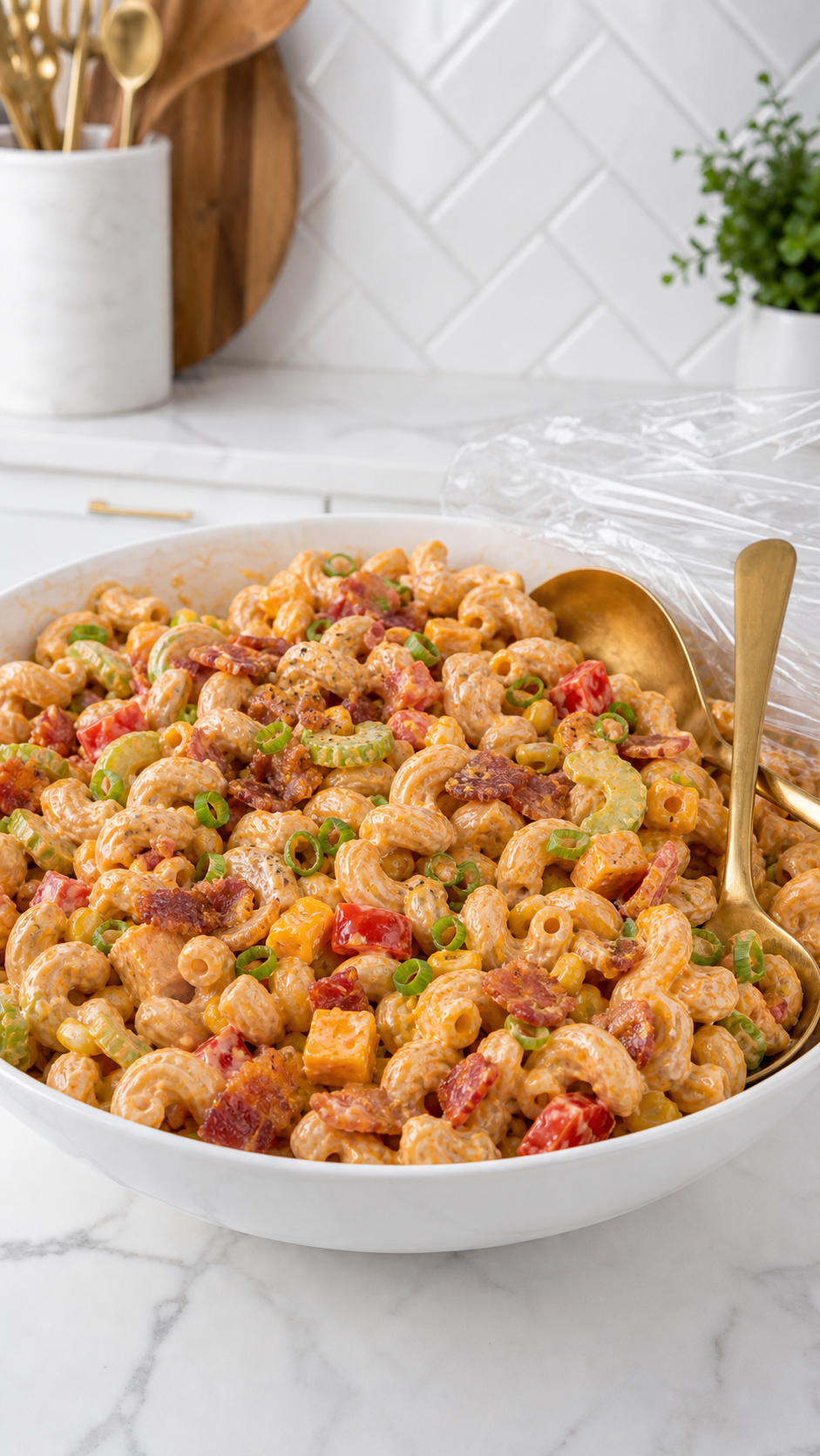 Dressed BBQ bacon pasta salad in a white bowl with creamy BBQ dressing folded through.