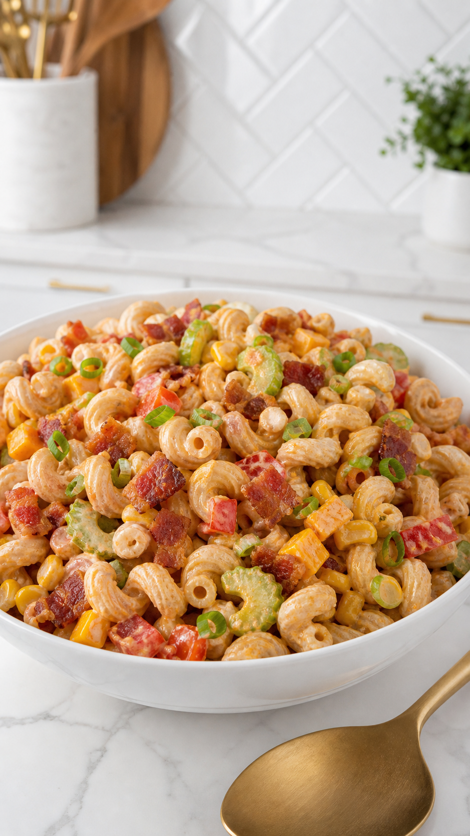 Finished smoky BBQ bacon pasta salad with cavatappi, crisp bacon, Cheddar, corn, and green onions.