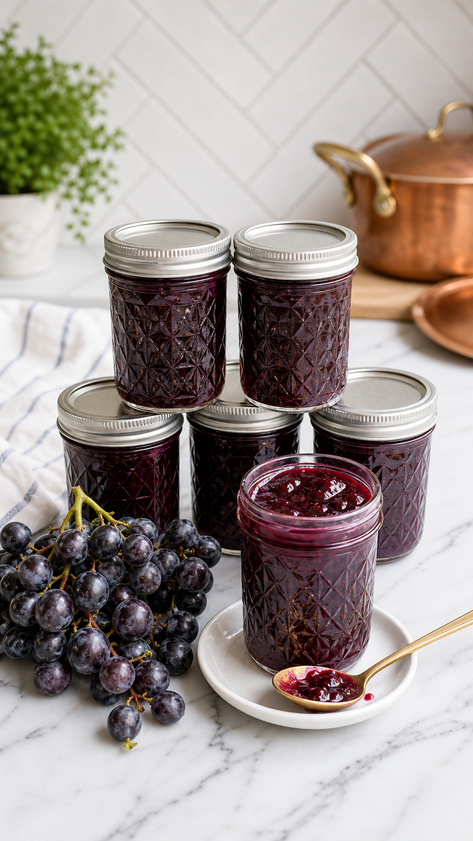 Finished jars of wild Mustang grape jelly with deep ruby color and wild grapes.