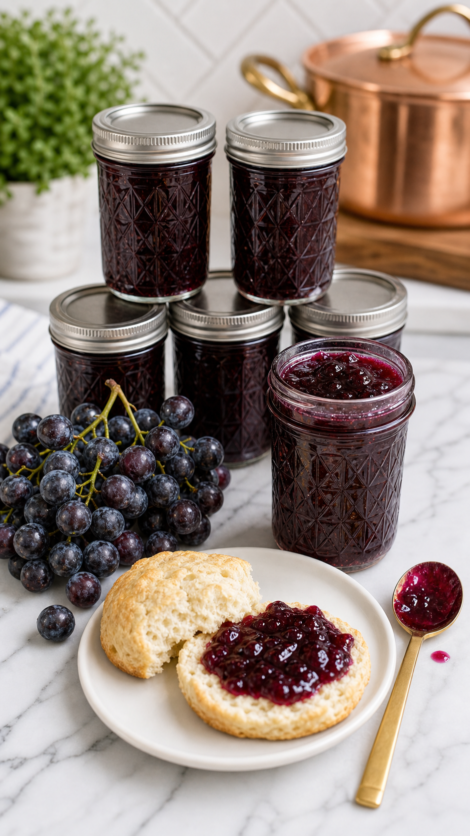 Finished half-pint jars of wild Mustang grape jelly cooling beside a water bath canner.