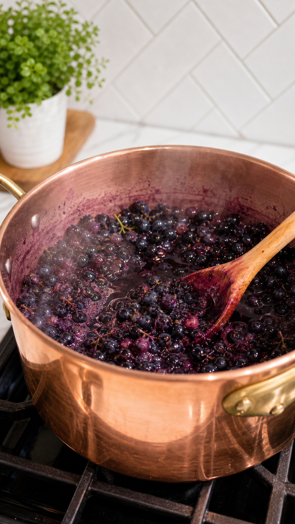 Wild Mustang grapes cooking in a red pot before the juice is strained for jelly.