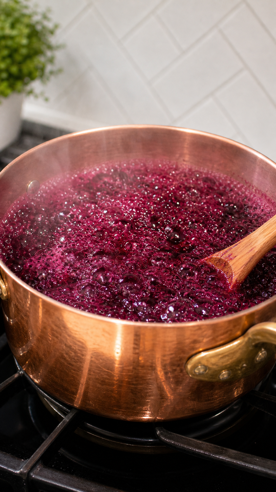 Wild Mustang grape jelly boiling hard in a saucepan at a full rolling boil.