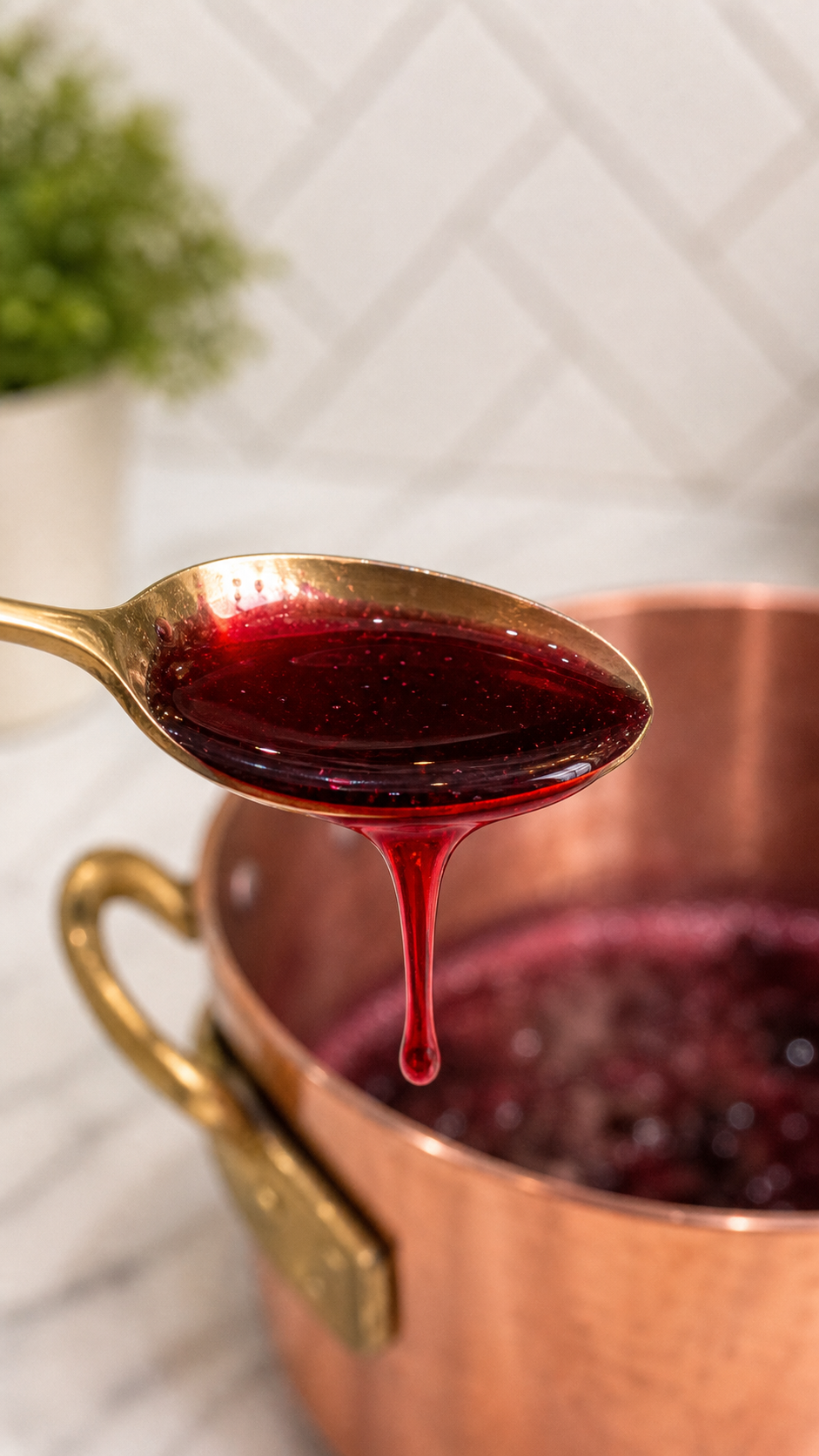 Generated process image of a brass spoon showing the wild Mustang grape jelly spoon test with copper and brass Mauviel-style cookware in the background.