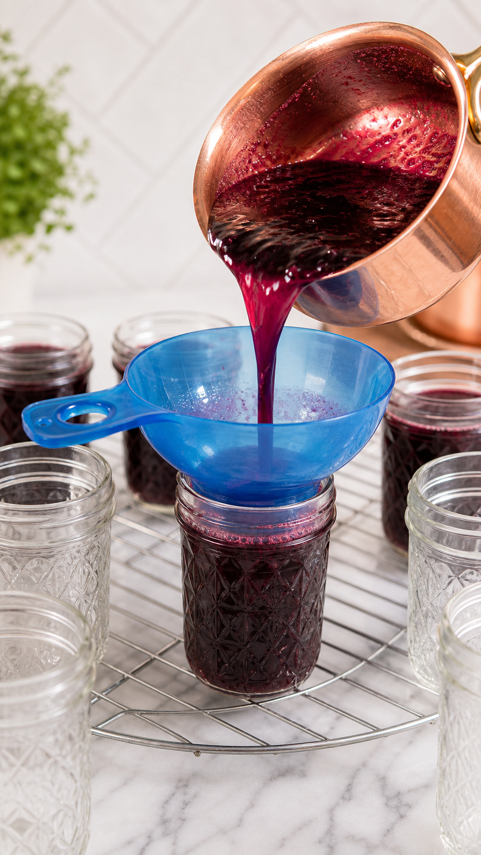Hot wild Mustang grape jelly being poured through a blue canning funnel into jars.