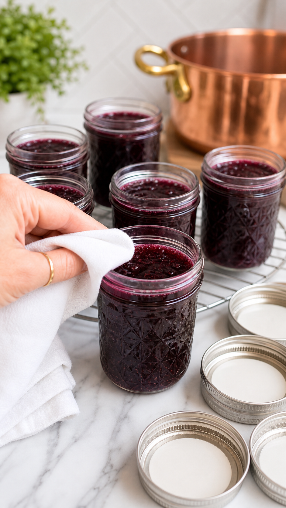Canning jars of wild Mustang grape jelly with rims being wiped before lids are added.