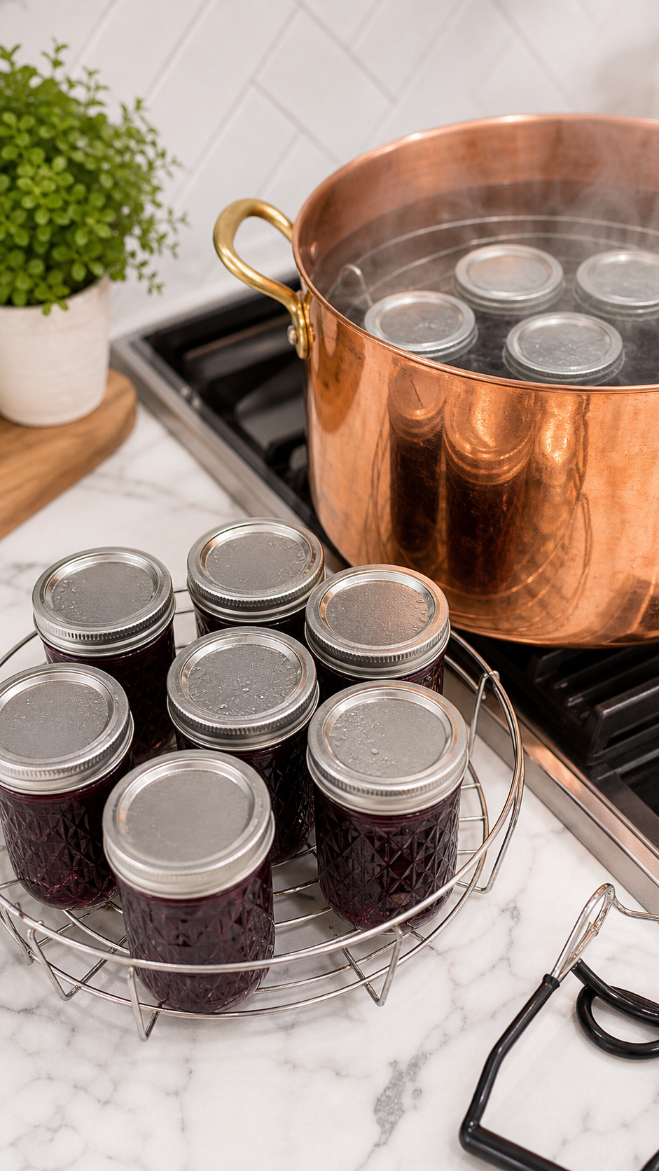 Generated process image of wild Mustang grape jelly jars beside a copper and brass Mauviel-style water bath pot.