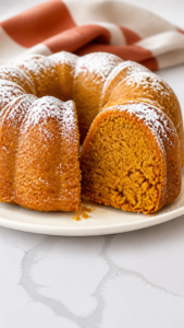 Cut 2 ingredient pumpkin cake showing its moist pumpkin-orange crumb
