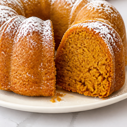 Cut 2 ingredient pumpkin cake showing its moist pumpkin-orange crumb
