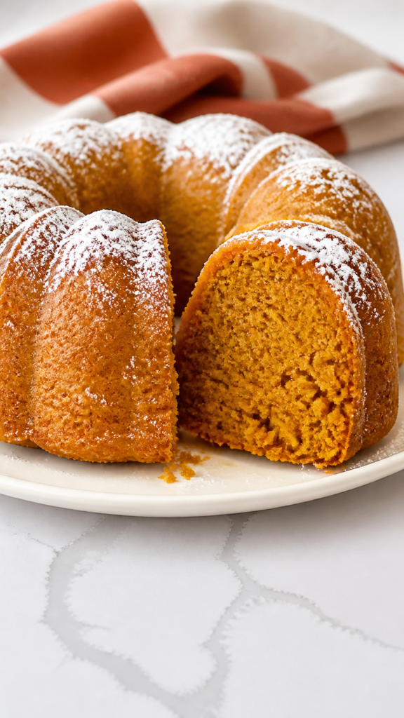 Cut 2 ingredient pumpkin cake showing its moist pumpkin-orange crumb