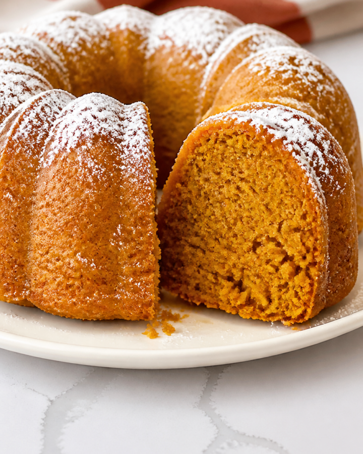 Cut 2 ingredient pumpkin cake showing its moist pumpkin-orange crumb