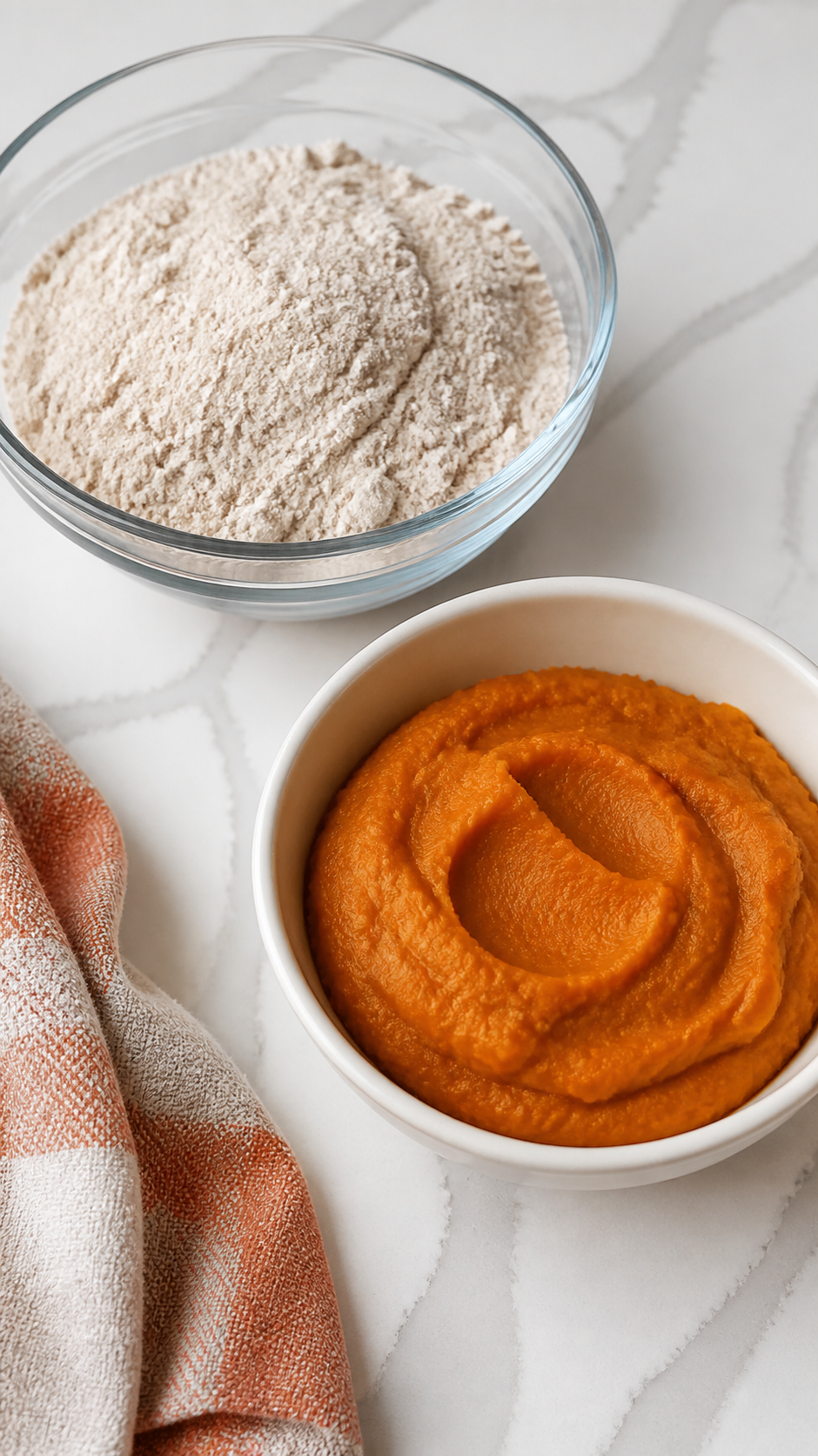 Spice cake mix and pumpkin puree measured in two bowls