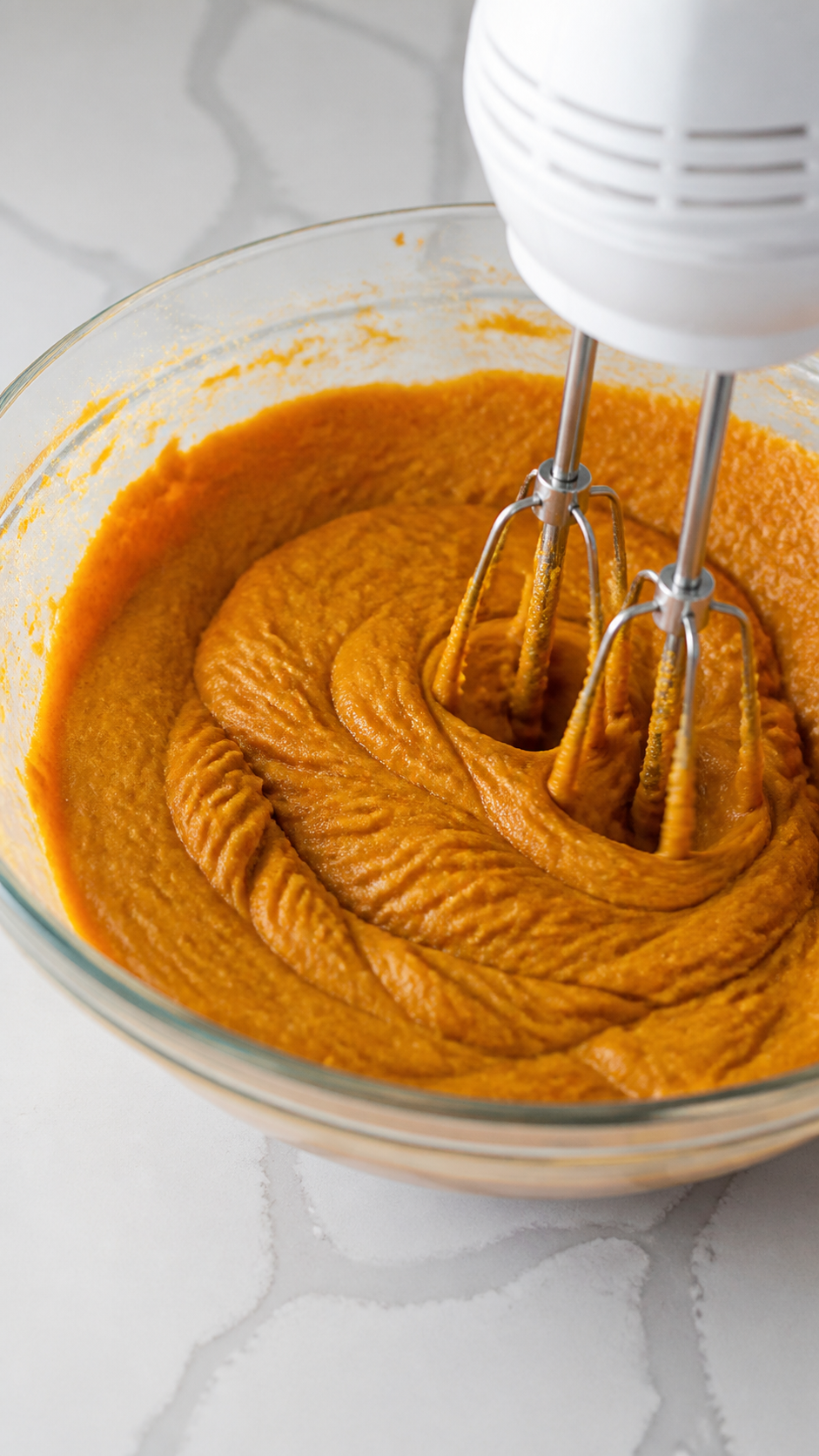 Thick pumpkin cake batter being mixed with a hand mixer