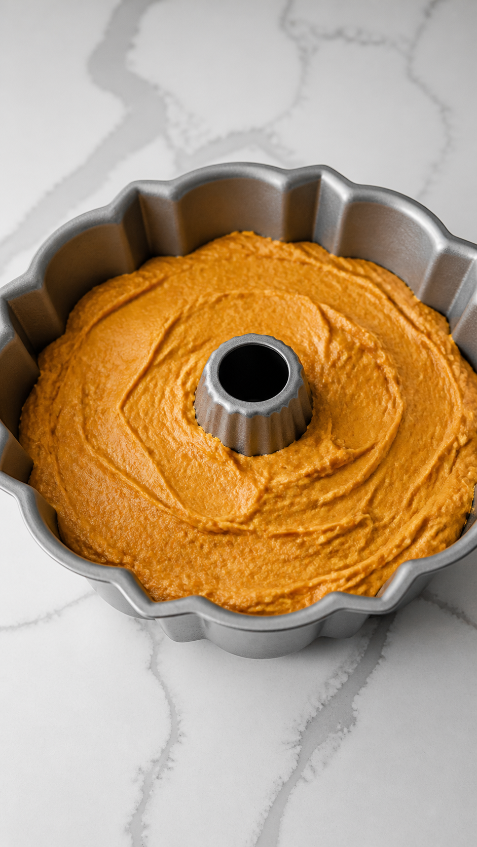 Thick pumpkin cake batter spread evenly in a Bundt pan