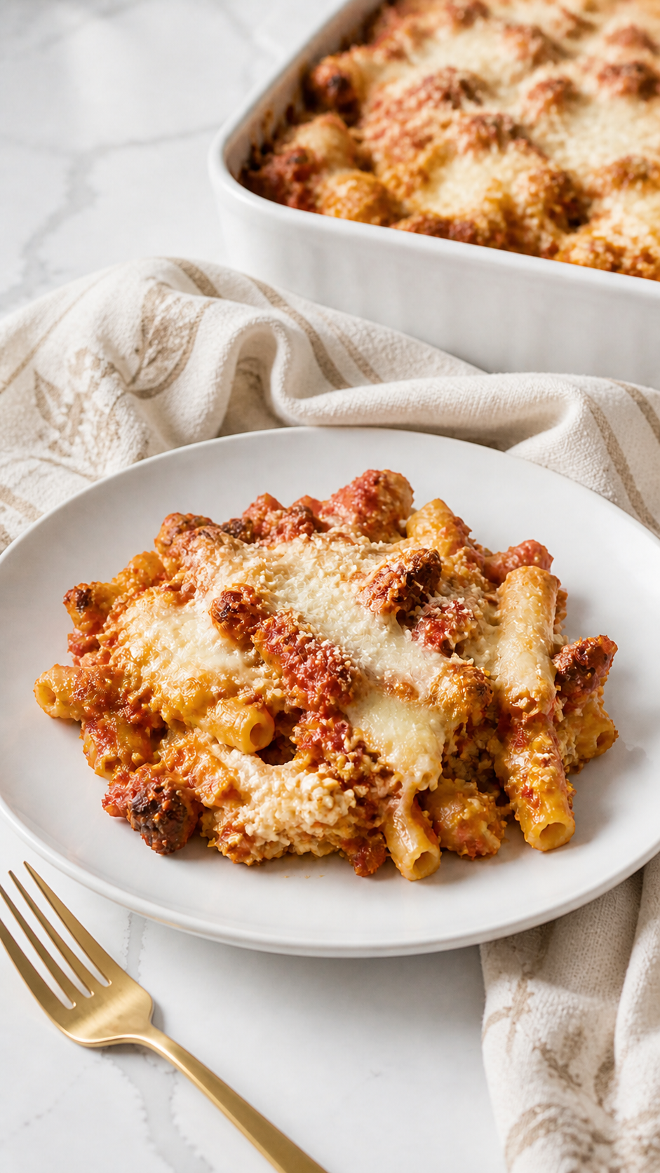 Serving of baked ziti with Italian sausage, ricotta, marinara and melted cheese.