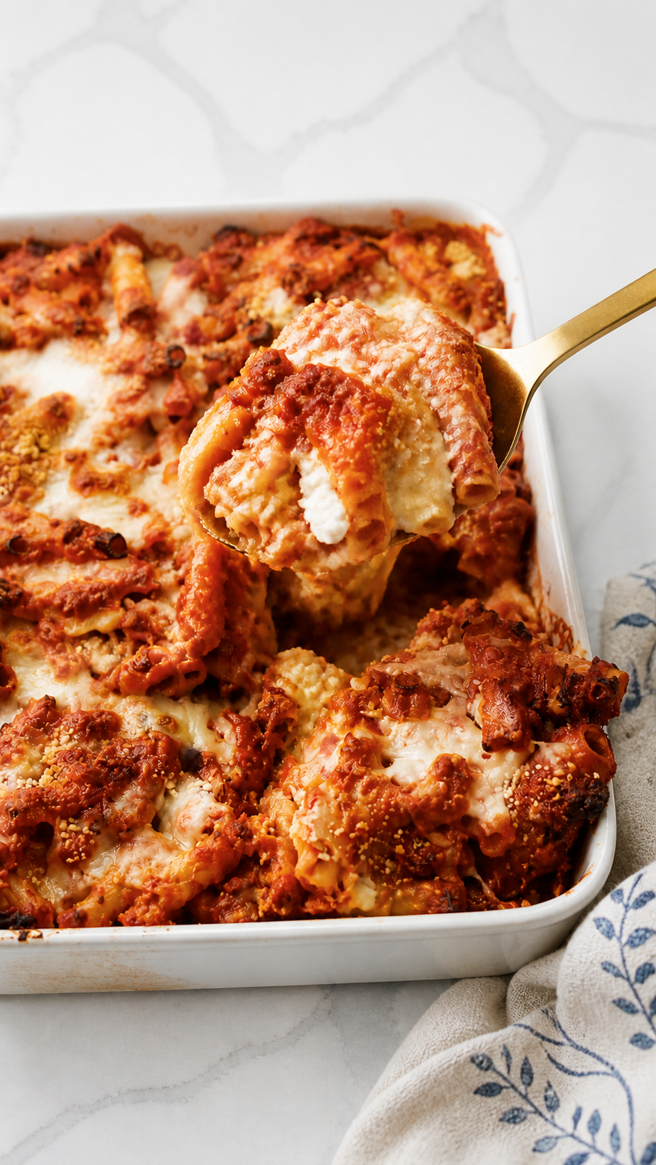 Spoonful of baked ziti with sausage, creamy ricotta and melted mozzarella cheese.