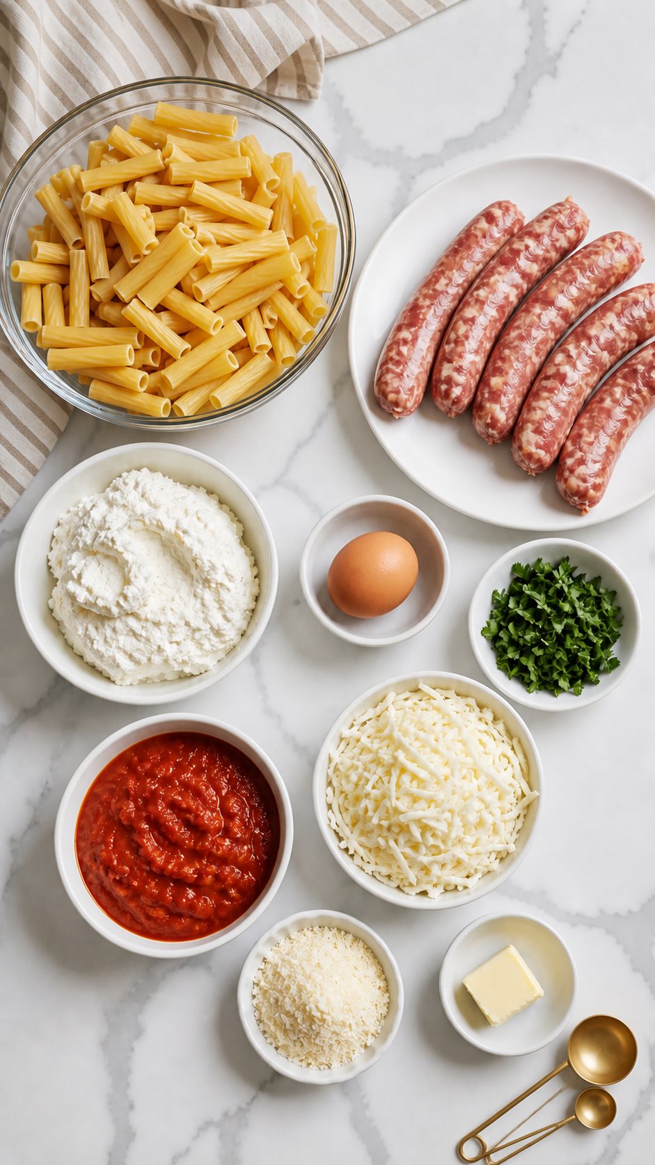 Ziti, Italian sausage, ricotta, egg, parsley, marinara, mozzarella and Parmesan for baked ziti.
