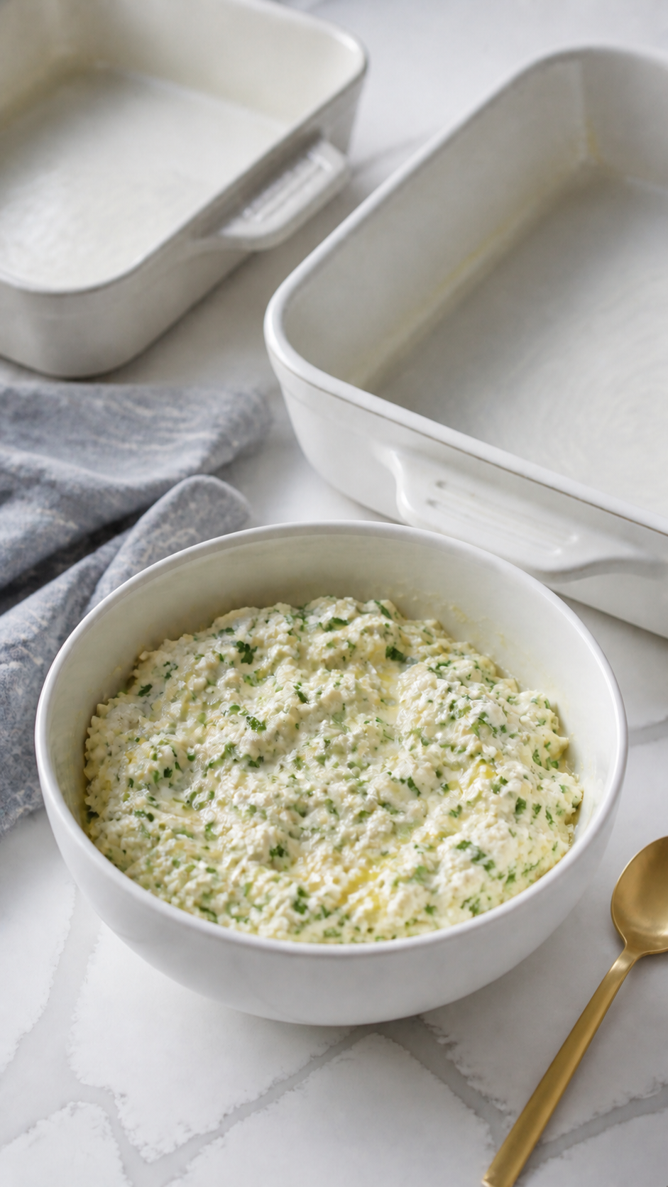 Ricotta, egg and parsley mixture for baked ziti beside prepared baking dishes.