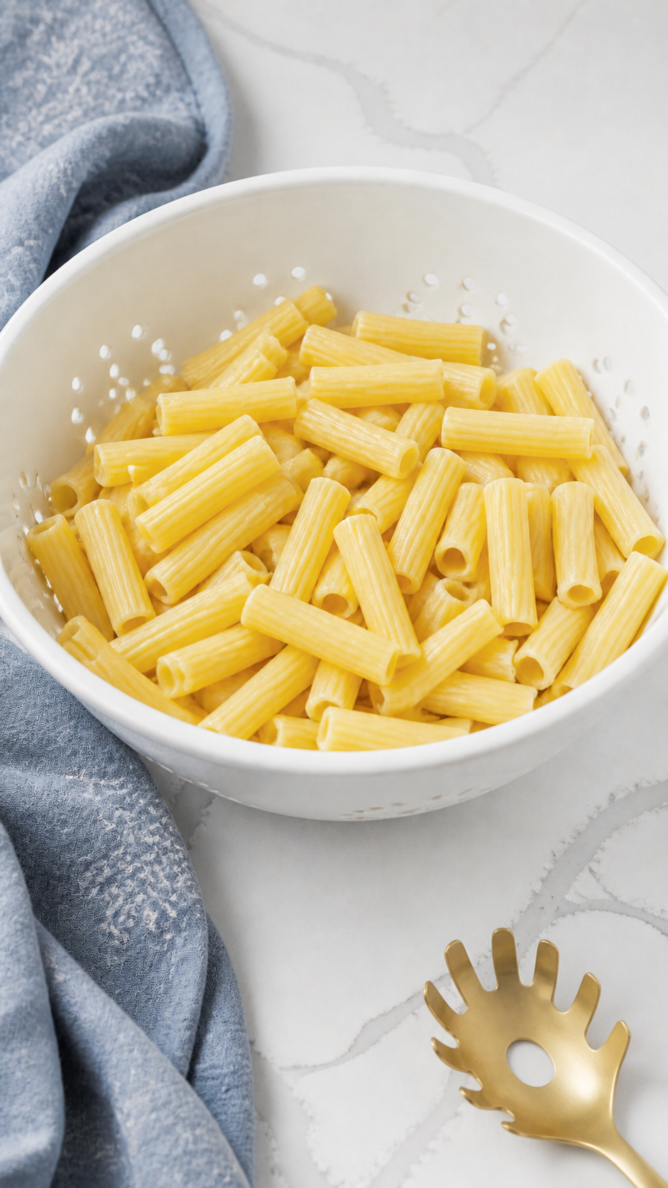 Just al dente ziti pasta draining in a colander.