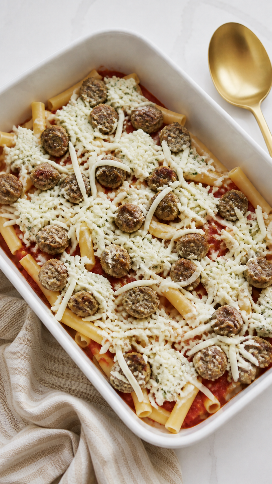 First layer of marinara, ziti, ricotta, Italian sausage and mozzarella in a baking dish.