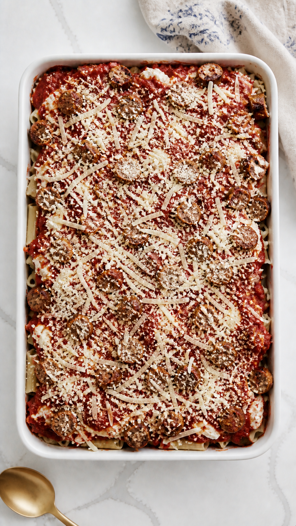 Assembled baked ziti topped with marinara and grated Parmesan before baking.