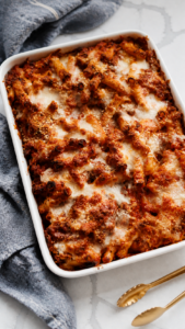 Baked ziti bubbling at the edges with melted lightly browned cheese.