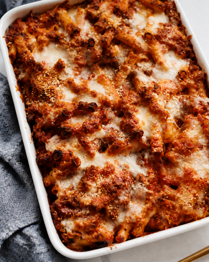 Baked ziti bubbling at the edges with melted lightly browned cheese.