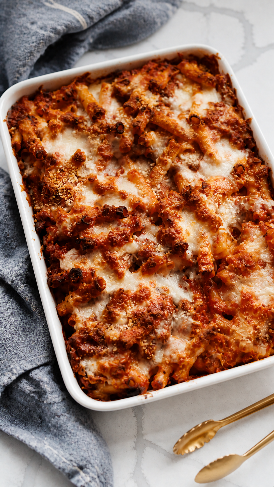 Baked ziti bubbling at the edges with melted lightly browned cheese.