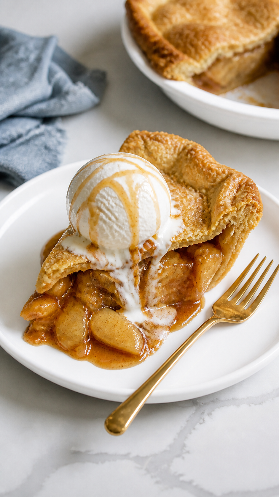 Apple pie slice served with vanilla ice cream, salted caramel sauce, and a brushed gold fork.