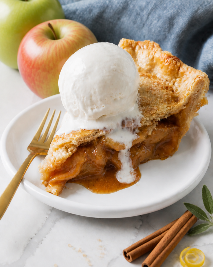 Classic apple pie slice with flaky crust, cinnamon apple filling, vanilla ice cream, apples, cinnamon, and lemon.