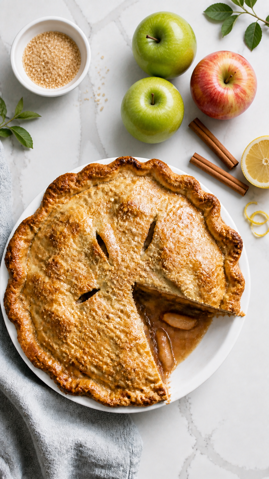 Overhead view of a deeply golden double-crust apple pie with one wedge removed.