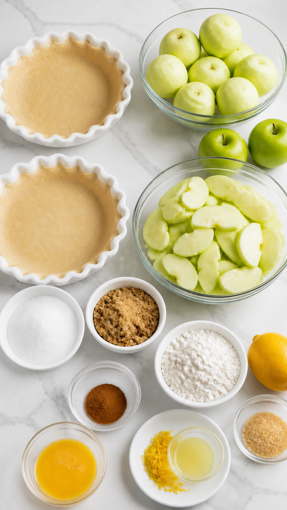 Ingredients for classic apple pie arranged on a white quartz counter.