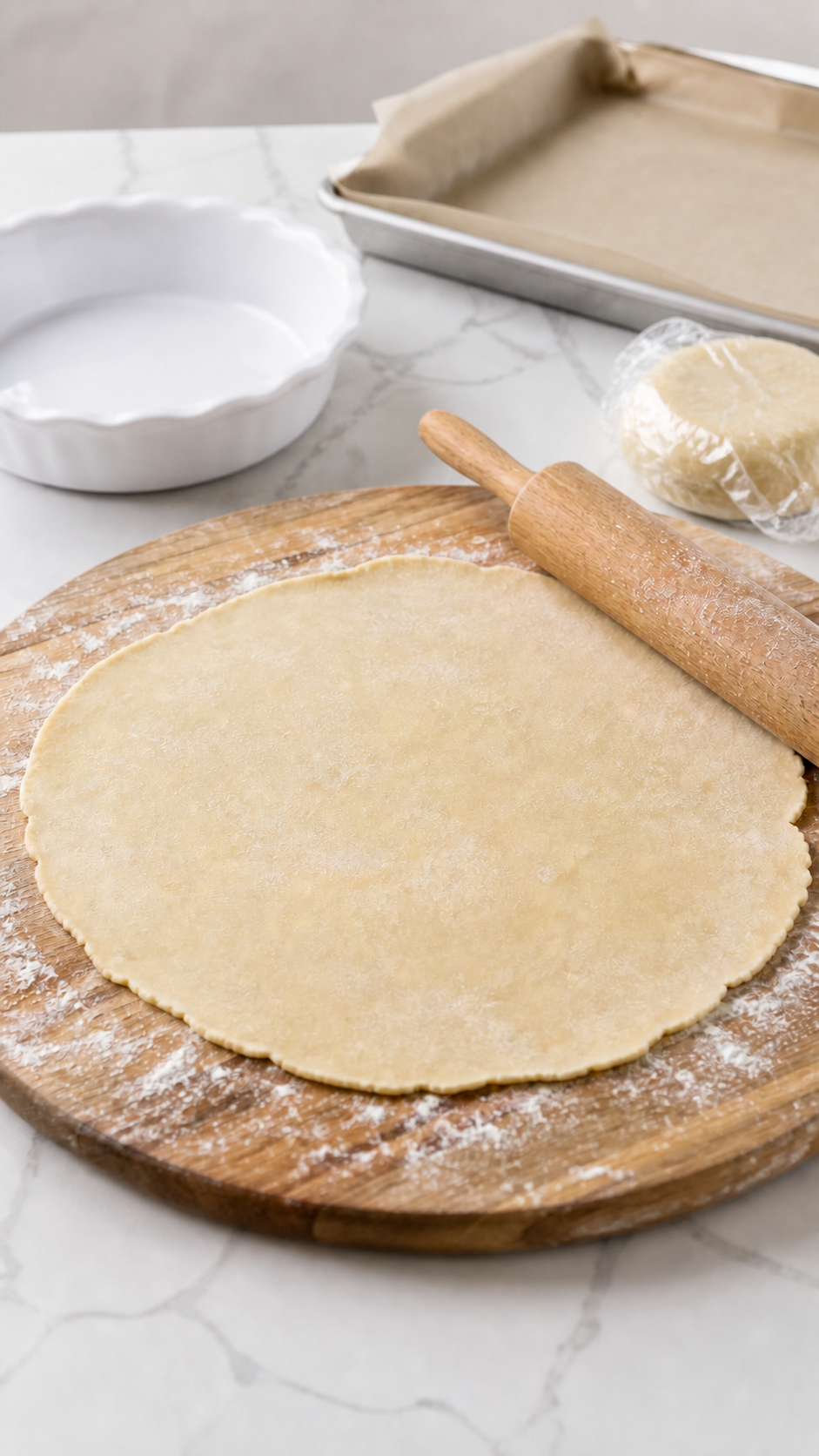 Pie dough rolled into a 12-inch circle beside a pie plate and lined baking sheet.