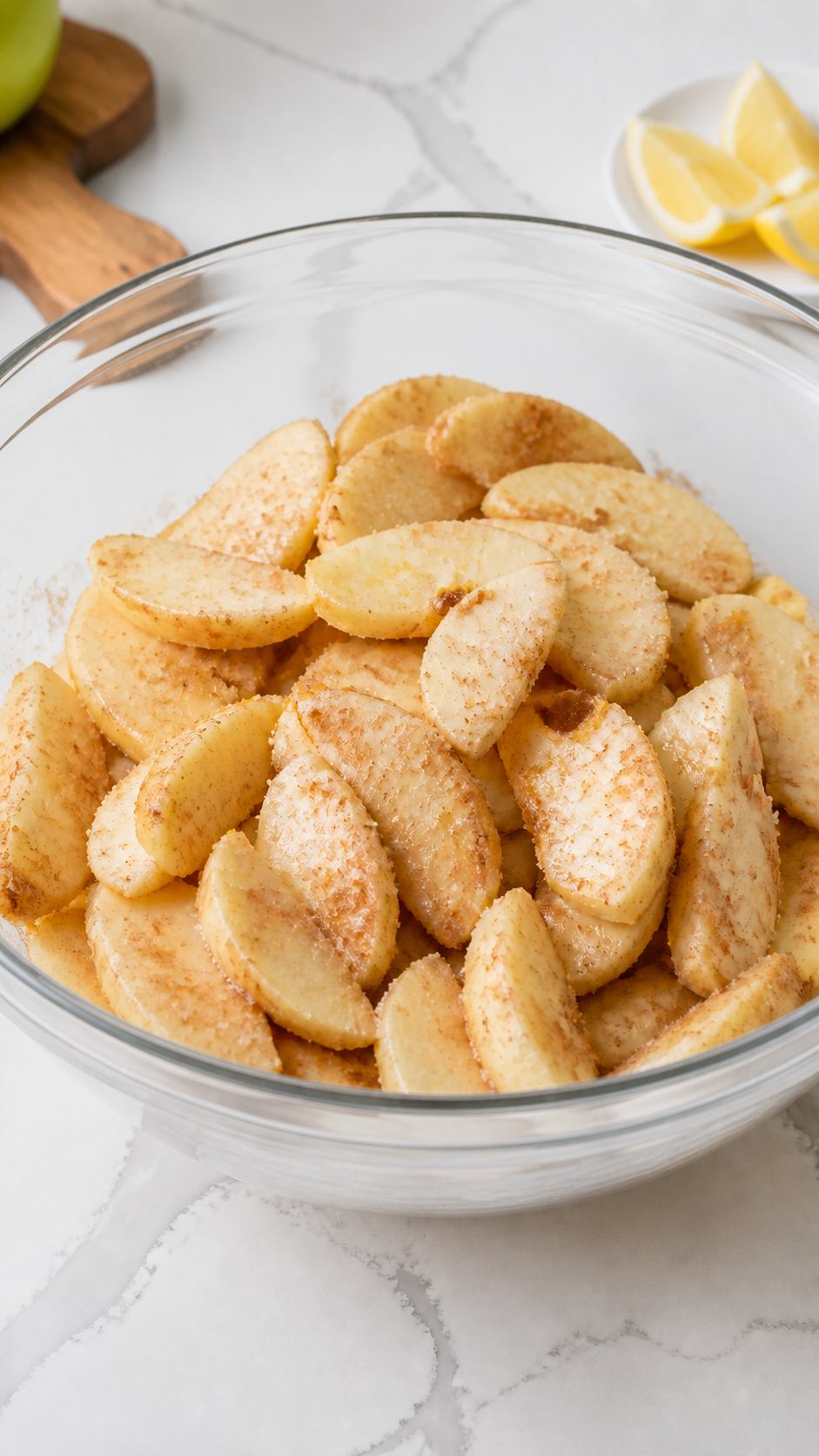 Granny Smith apple slices coated with sugar, flour, cinnamon, lemon juice, and zest.