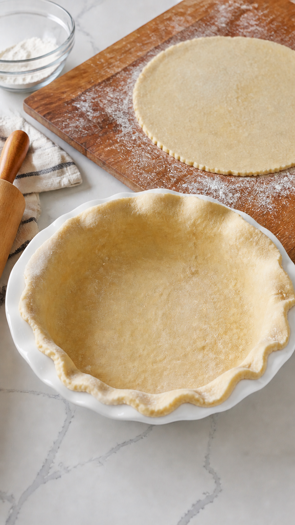 Bottom pie crust fitted into a deep 9-inch pie plate with the top crust rolled nearby.