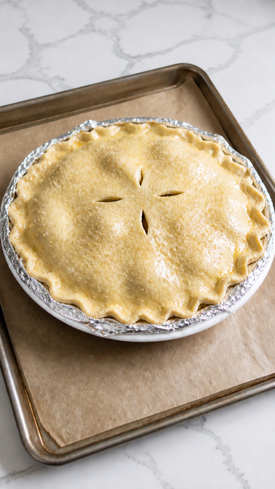Unbaked double-crust apple pie with four vents, egg wash, coarse sugar, and a protected edge.