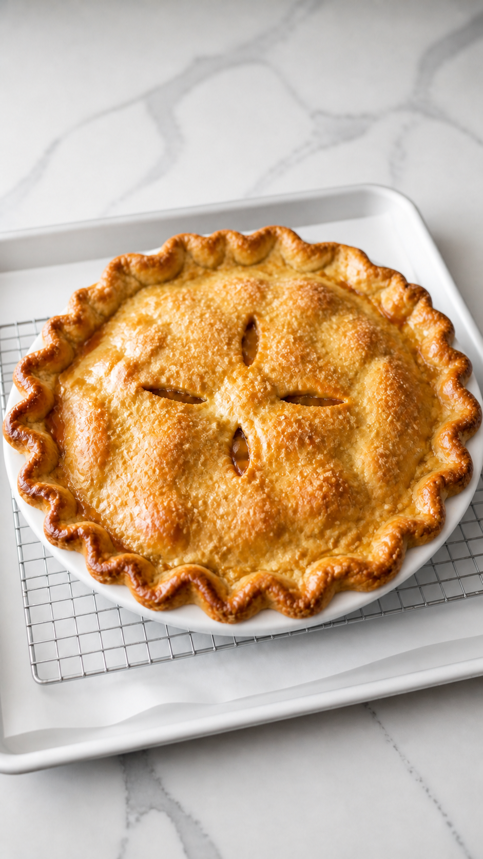 Deeply golden baked apple pie cooling on a wire rack with filling visible at the vents.