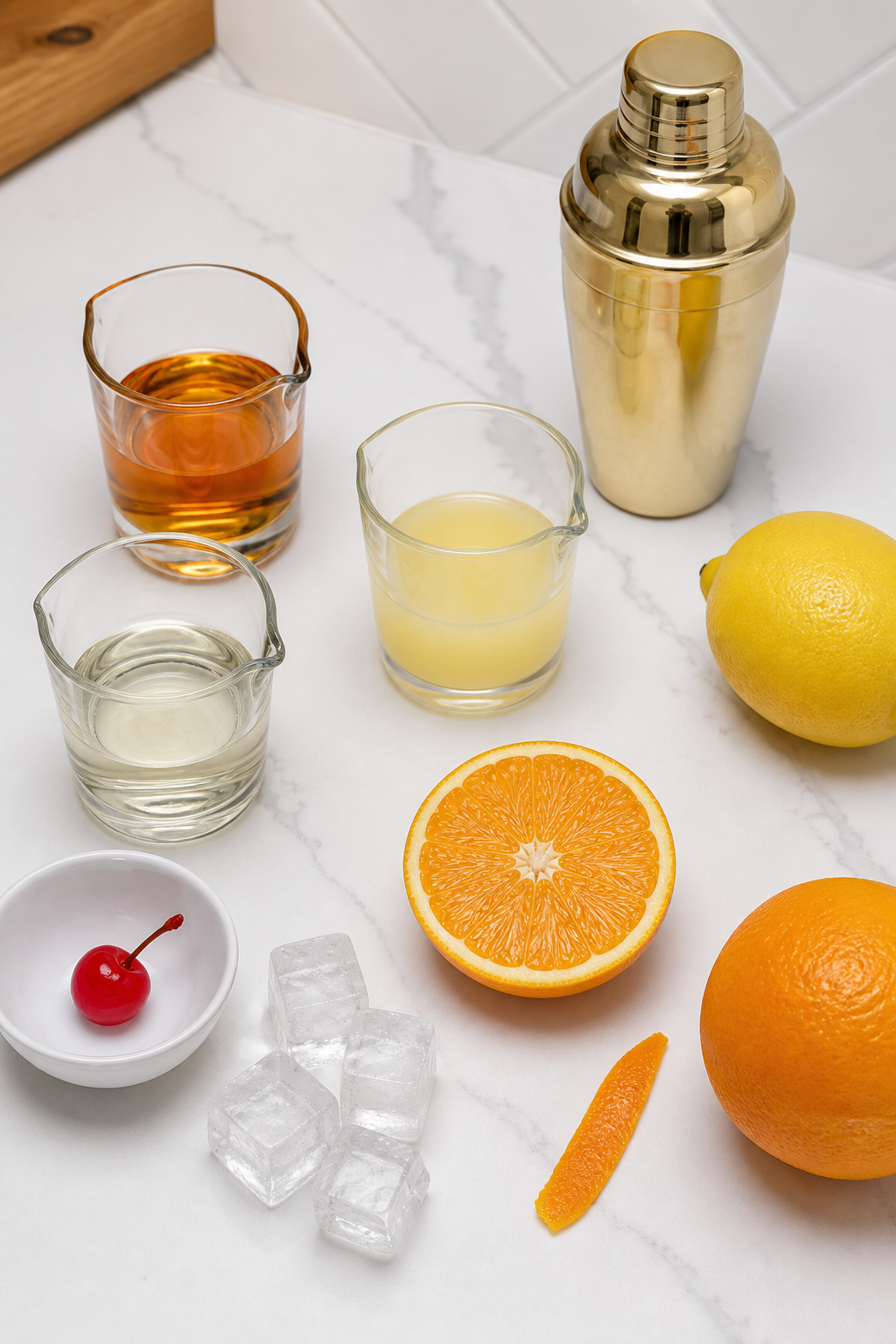 Bourbon, lemon juice, simple syrup, orange, cherry, ice, and a cocktail shaker.