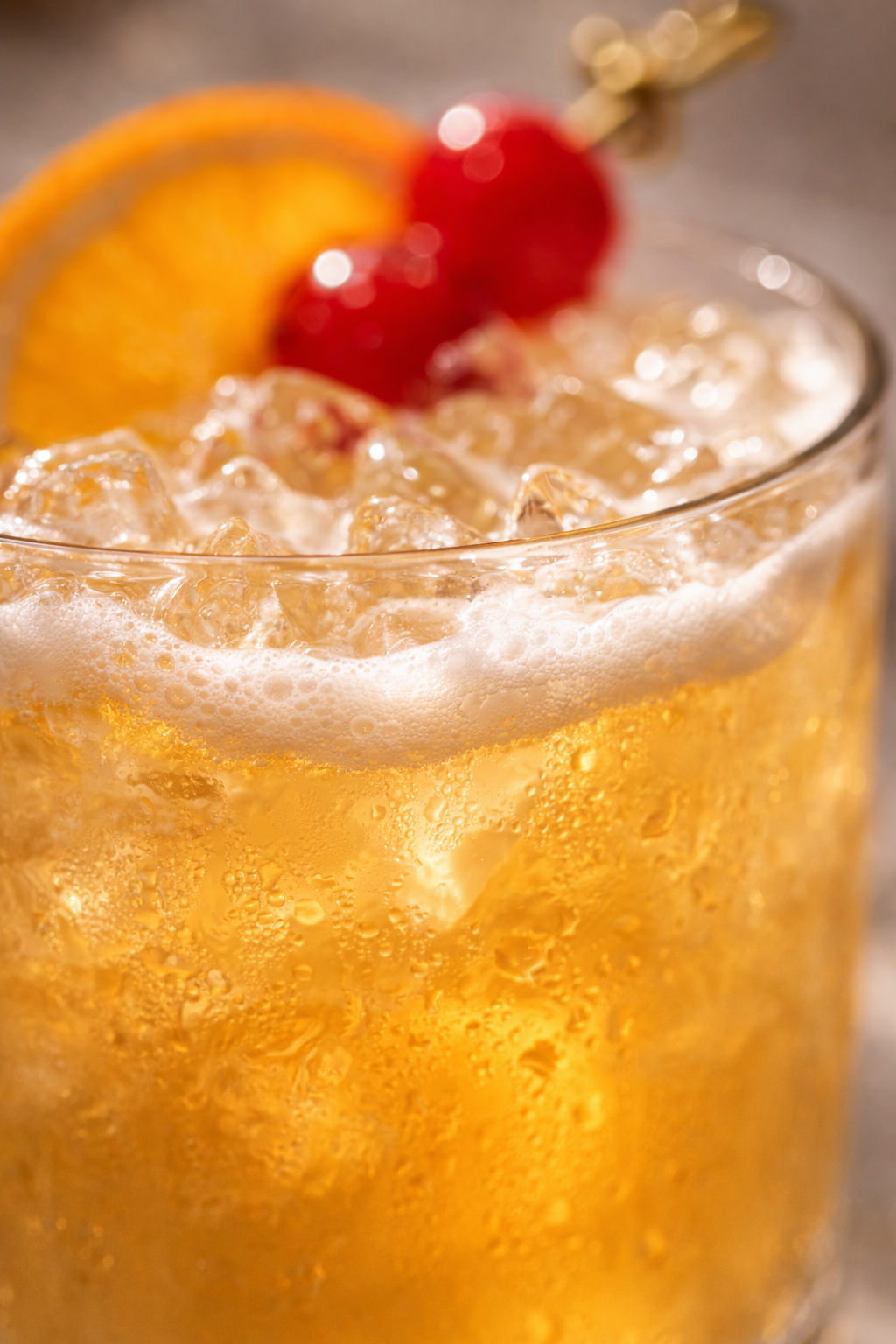 Two finished classic whiskey sours with orange and cherry garnish.