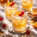 Classic whiskey sours with fresh ice, orange wheels, and maraschino cherries.