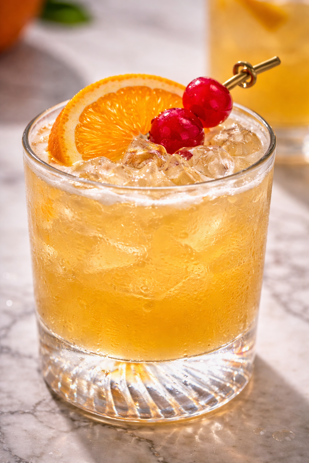 Close-up classic whiskey sour with fresh ice, orange, and maraschino cherries.