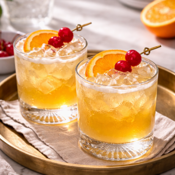 Two classic whiskey sours served over ice on a brass tray.