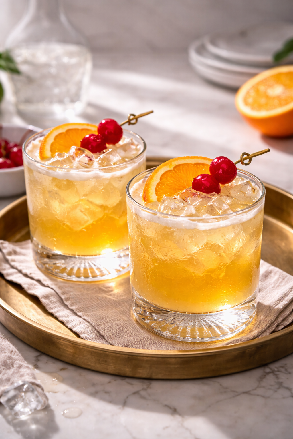 Overhead view of two classic whiskey sours on a white quartz counter.