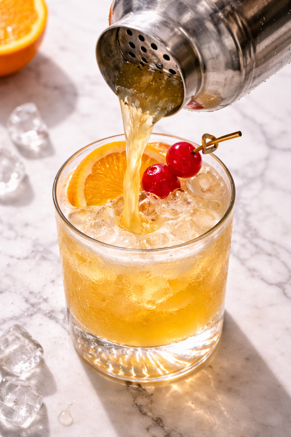 Golden whiskey sour strained over fresh ice in a rocks glass.