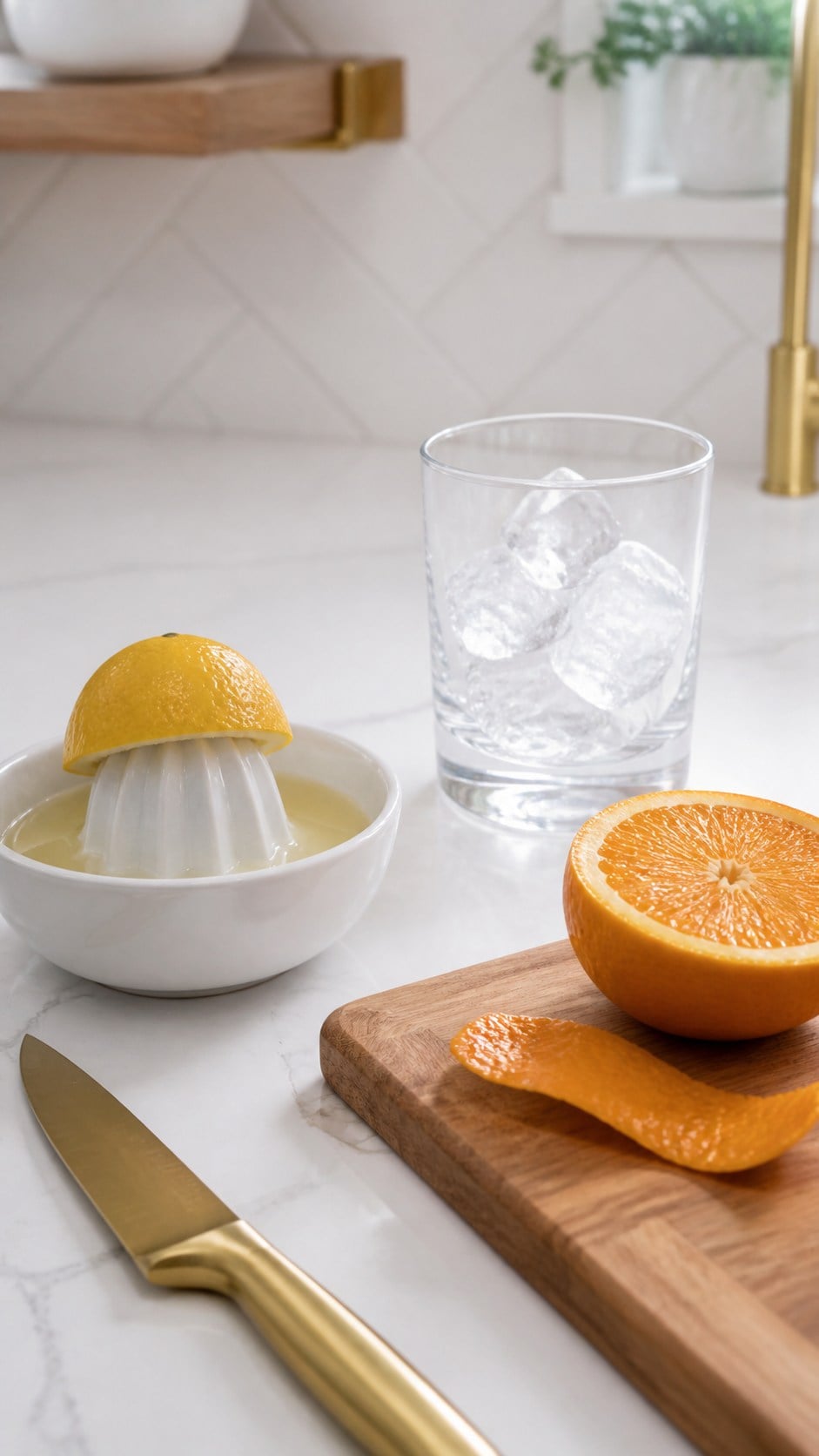 Fresh lemon juice, orange peel, orange wheel, and a rocks glass chilling with ice.